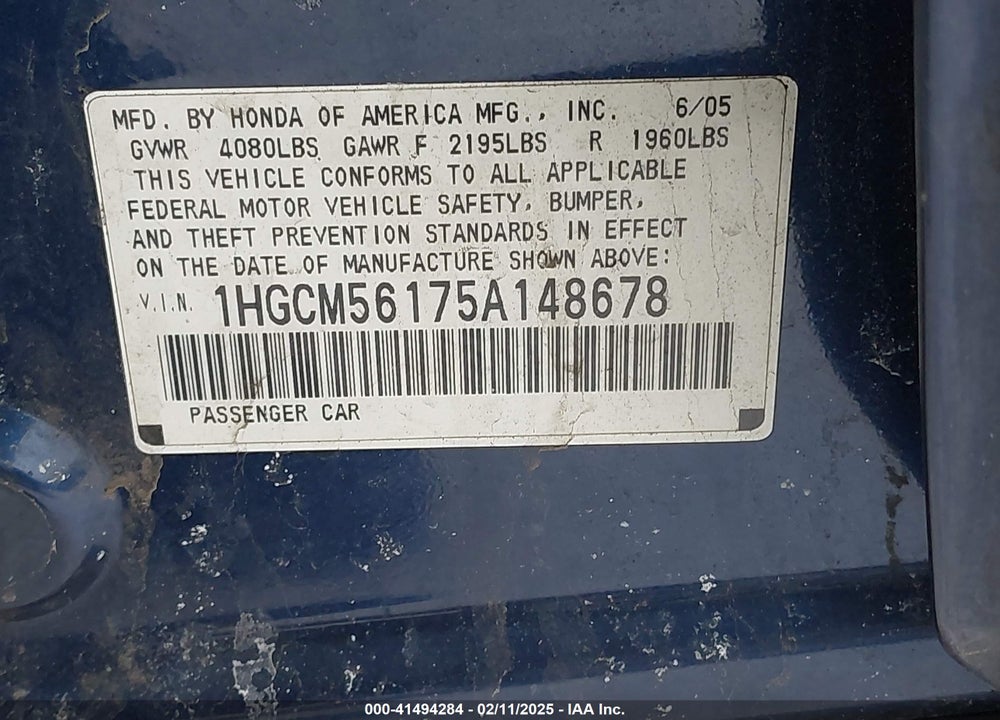 2005 HONDA ACCORD SDN VIN: 1HGCM56175A148678
