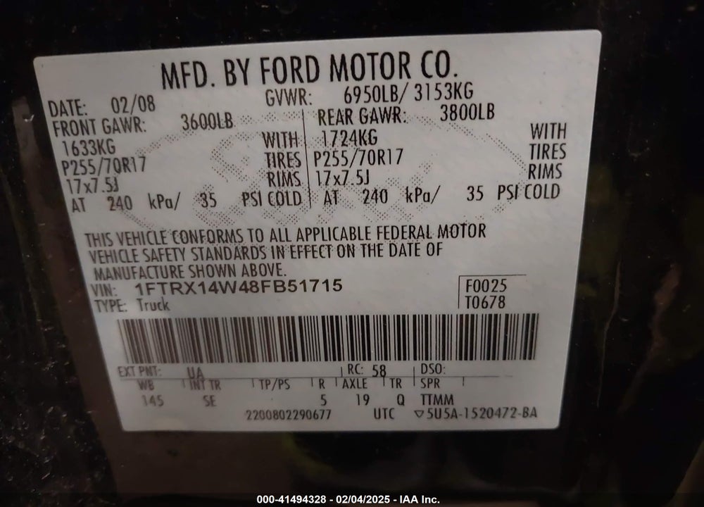 2008 FORD F-150 STX VIN: 1FTRX14W48FB51715