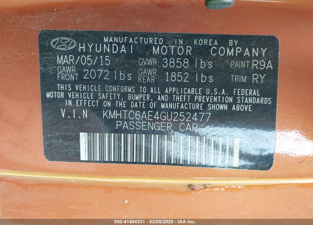 2016 HYUNDAI VELOSTER VIN: KMHTC6AE4GU252477