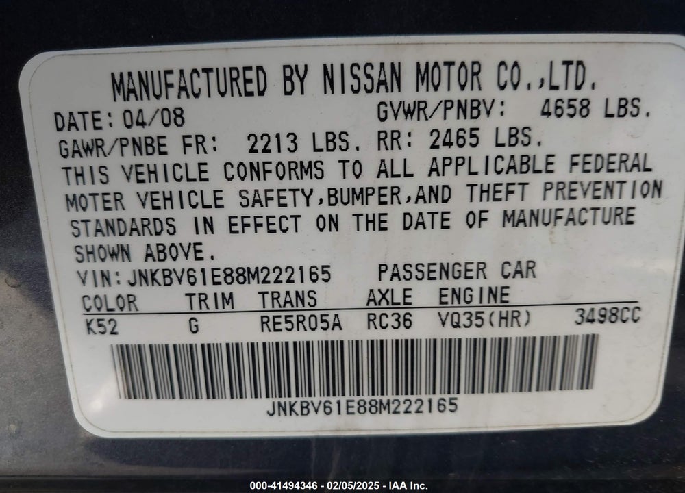 2008 INFINITI G35 JOURNEY VIN: JNKBV61E88M222165