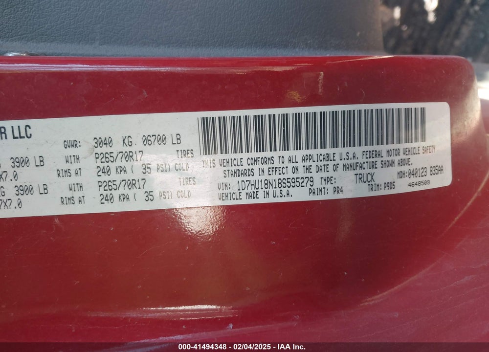 2008 DODGE RAM 1500 ST/SXT VIN: 1D7HU18N18S595279