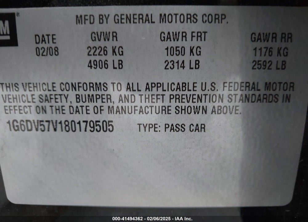 2008 CADILLAC CTS STANDARD VIN: 1G6DV57V180179505