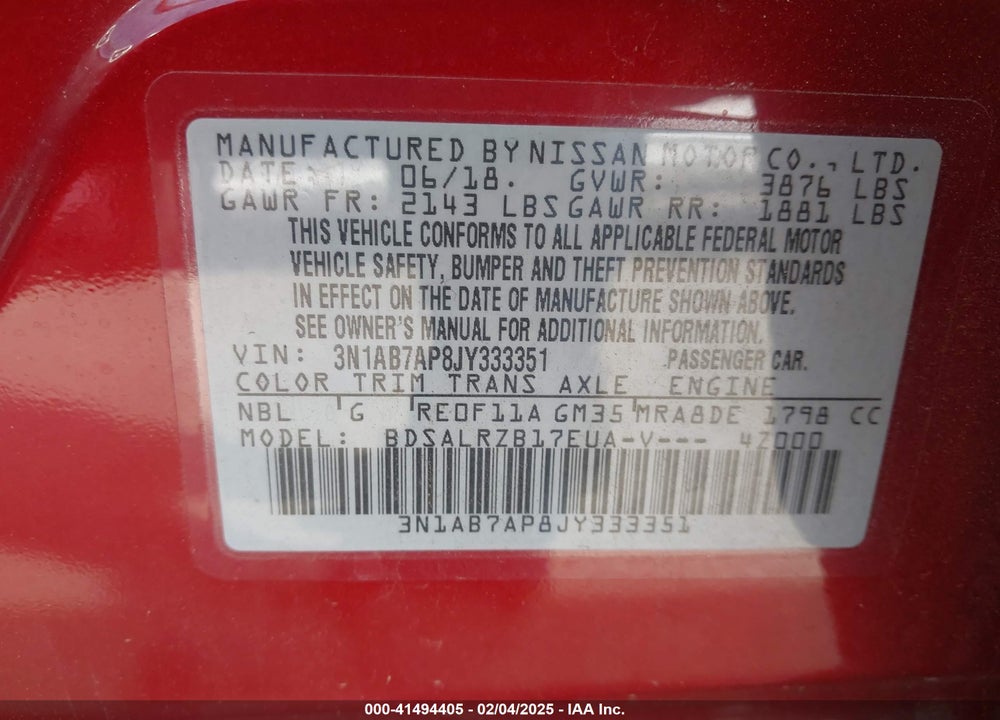 2018 NISSAN SENTRA VIN: 3N1AB7AP8JY333351