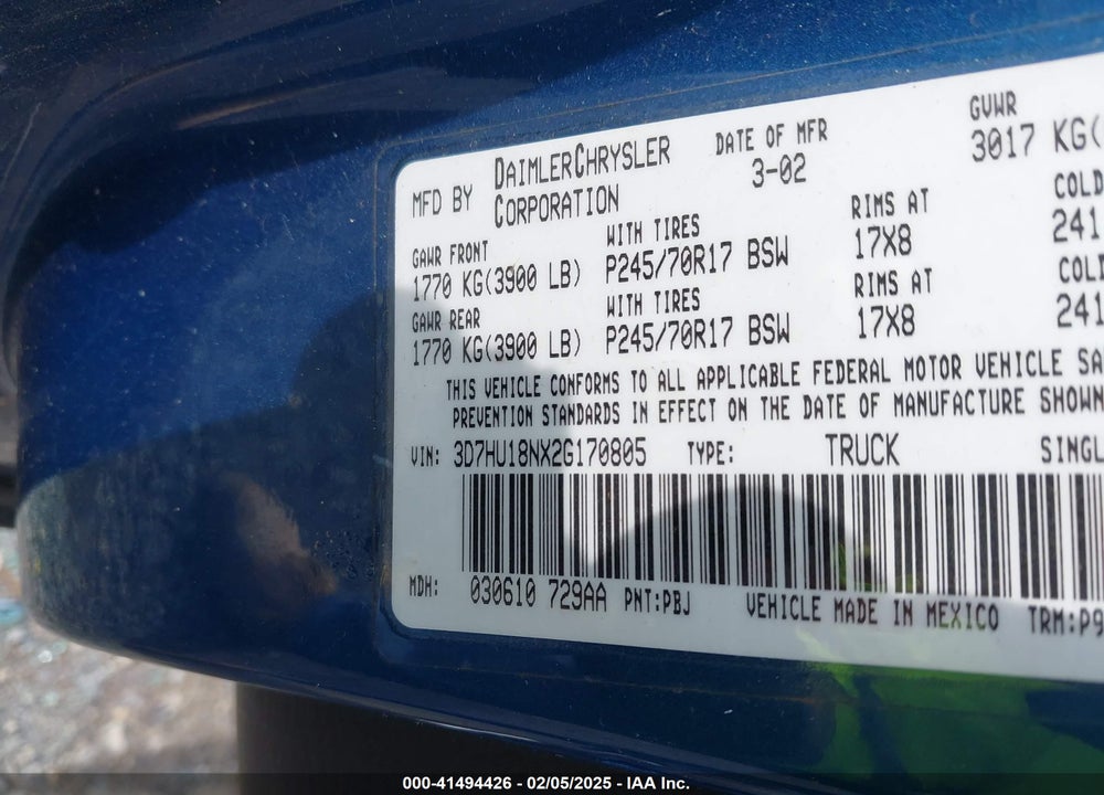 2002 DODGE RAM 1500 ST VIN: 3D7HU18NX2G170805