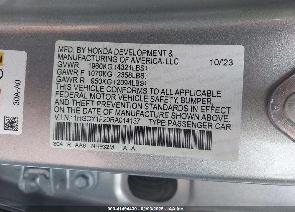 2024 HONDA ACCORD VIN: 1HGCY1F20RA014137
