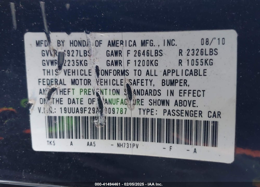 2010 ACURA TL 3.7 VIN: 19UUA9F29AA009787