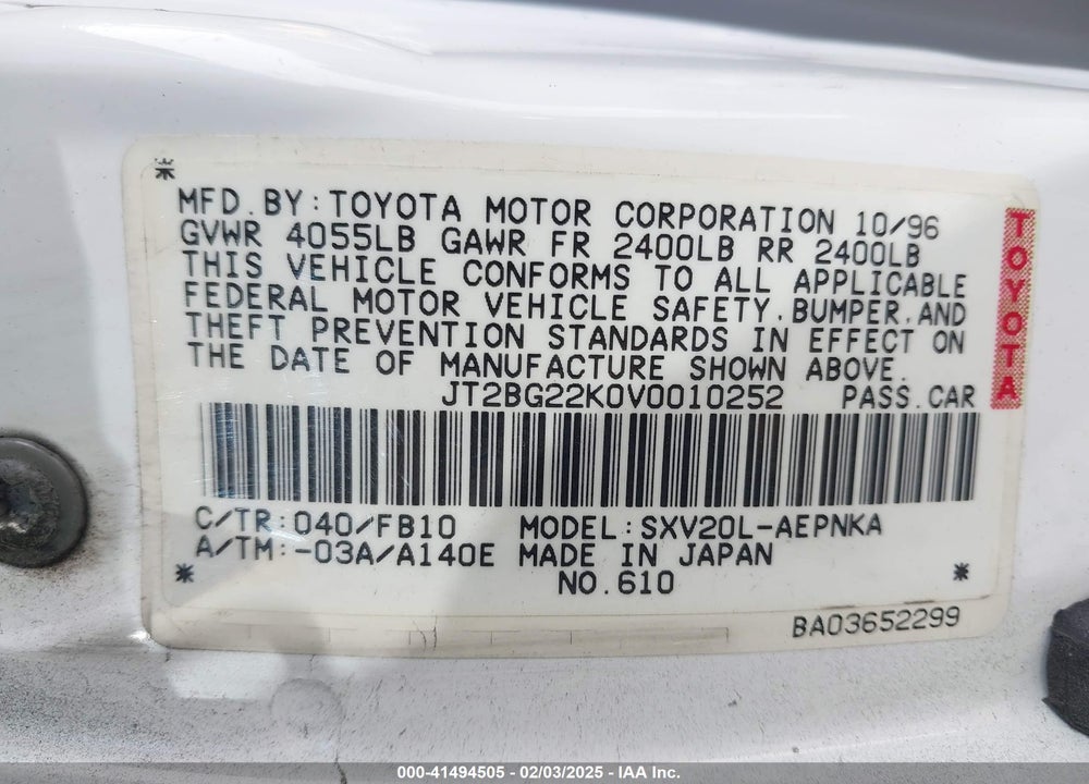1997 TOYOTA CAMRY LE VIN: JT2BG22K0V0010252