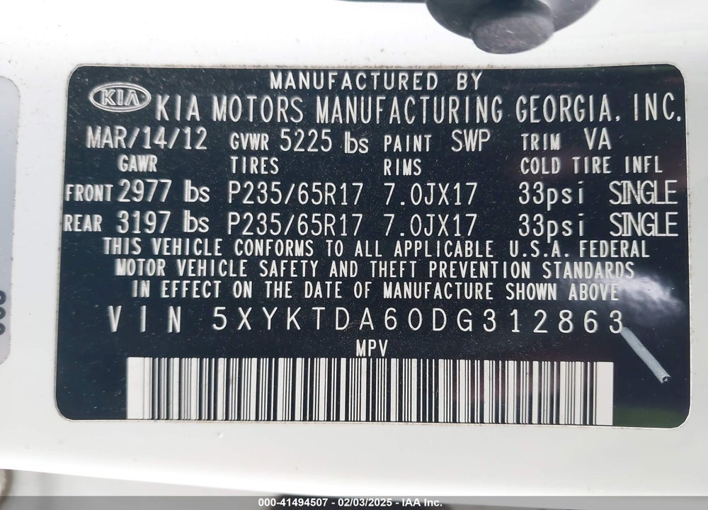 2013 KIA SORENTO VIN: 5XYKTDA60DG312863
