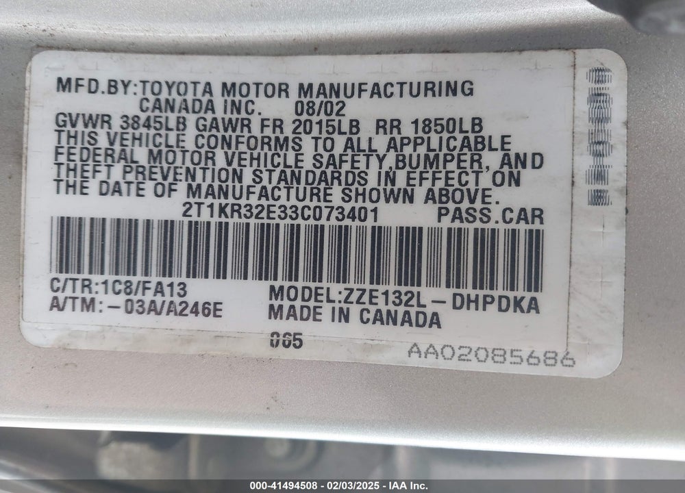 2003 TOYOTA MATRIX STANDARD VIN: 2T1KR32E33C073401