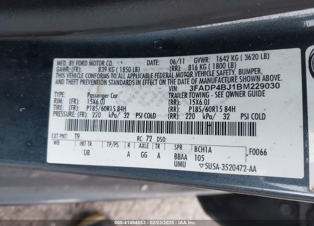 2011 FORD FIESTA SE VIN: 3FADP4BJ1BM229030