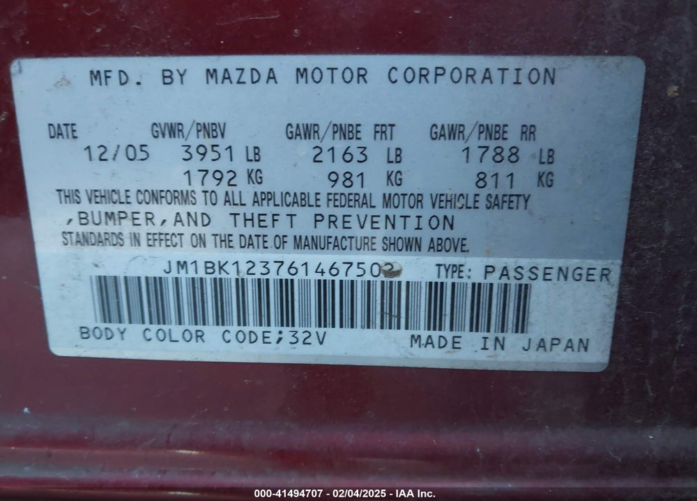 2006 MAZDA MAZDA3 VIN: JM1BK123761467502
