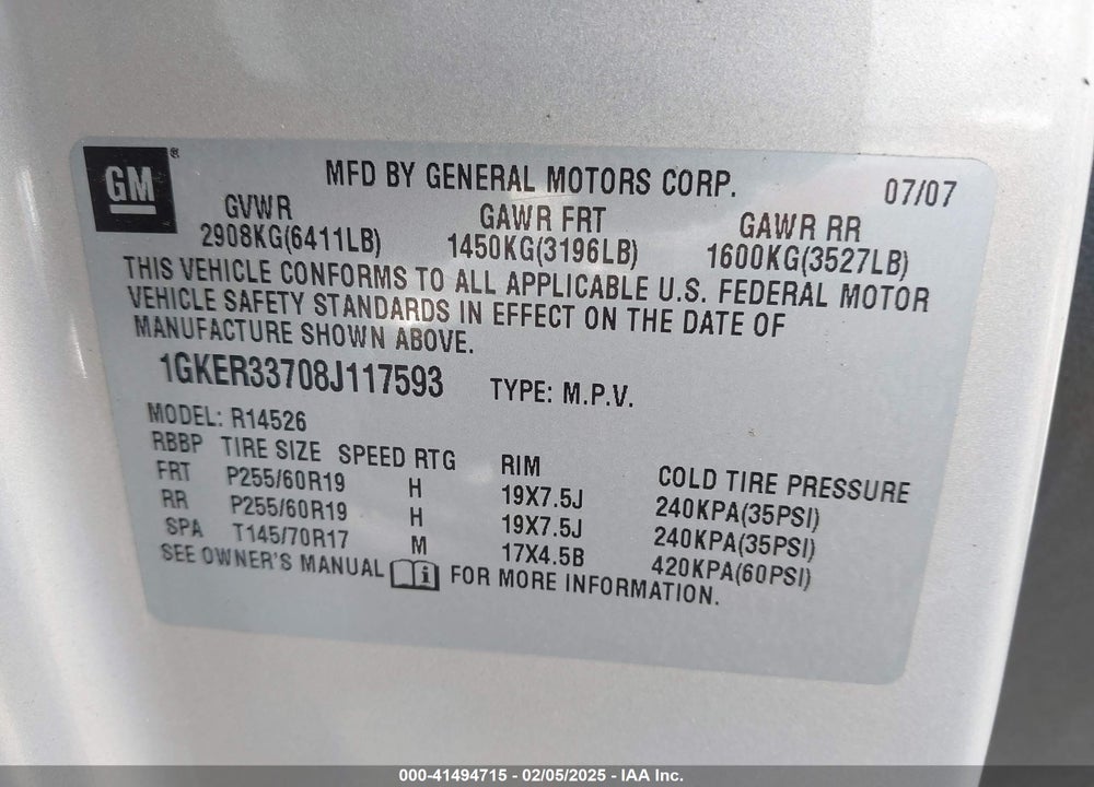2008 GMC ACADIA VIN: 1GKER33708J117593