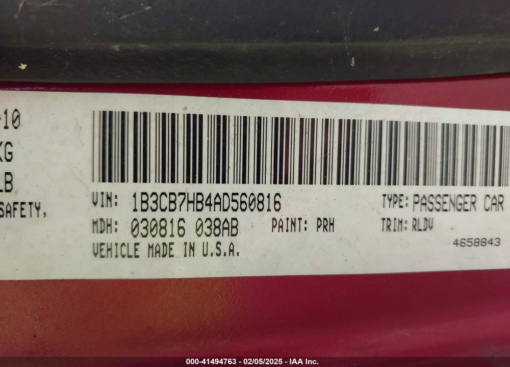 2010 DODGE CALIBER VIN: 1B3CB7HB4AD560816
