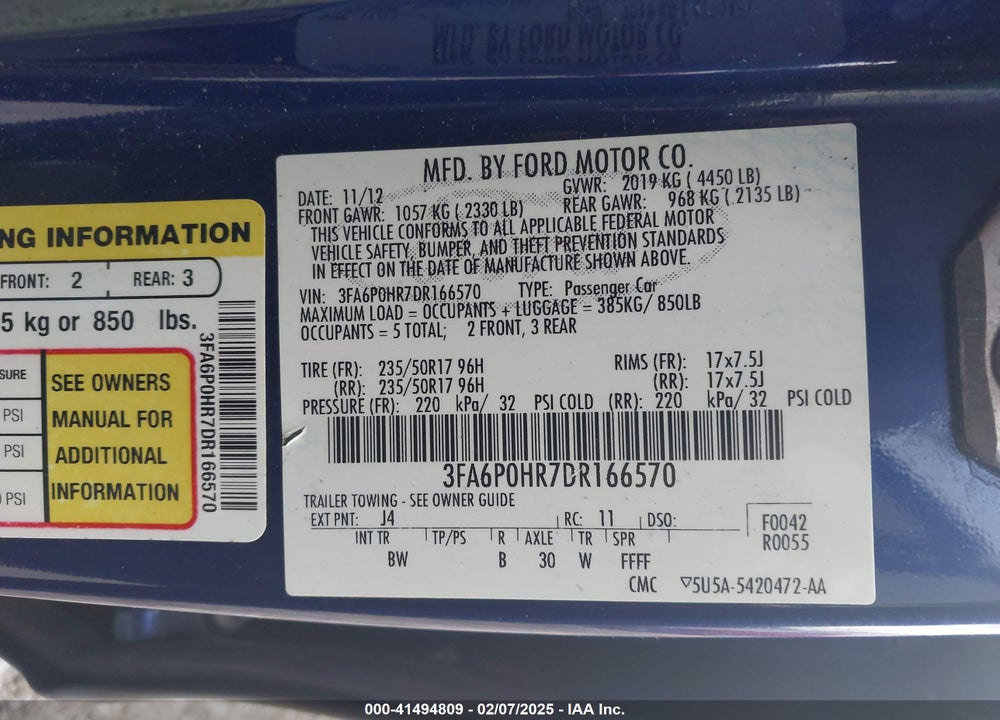 2013 FORD FUSION VIN: 3FA6P0HR7DR166570