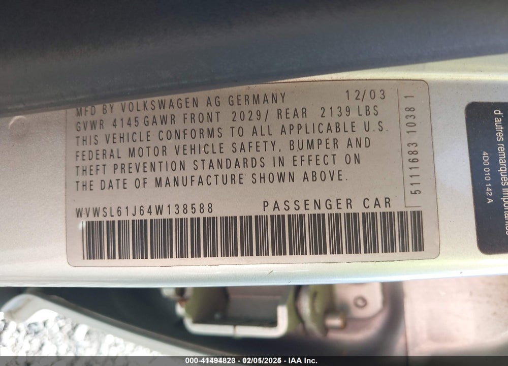 2004 VOLKSWAGEN JETTA GLS 2.0L VIN: WVWSL61J64W138588