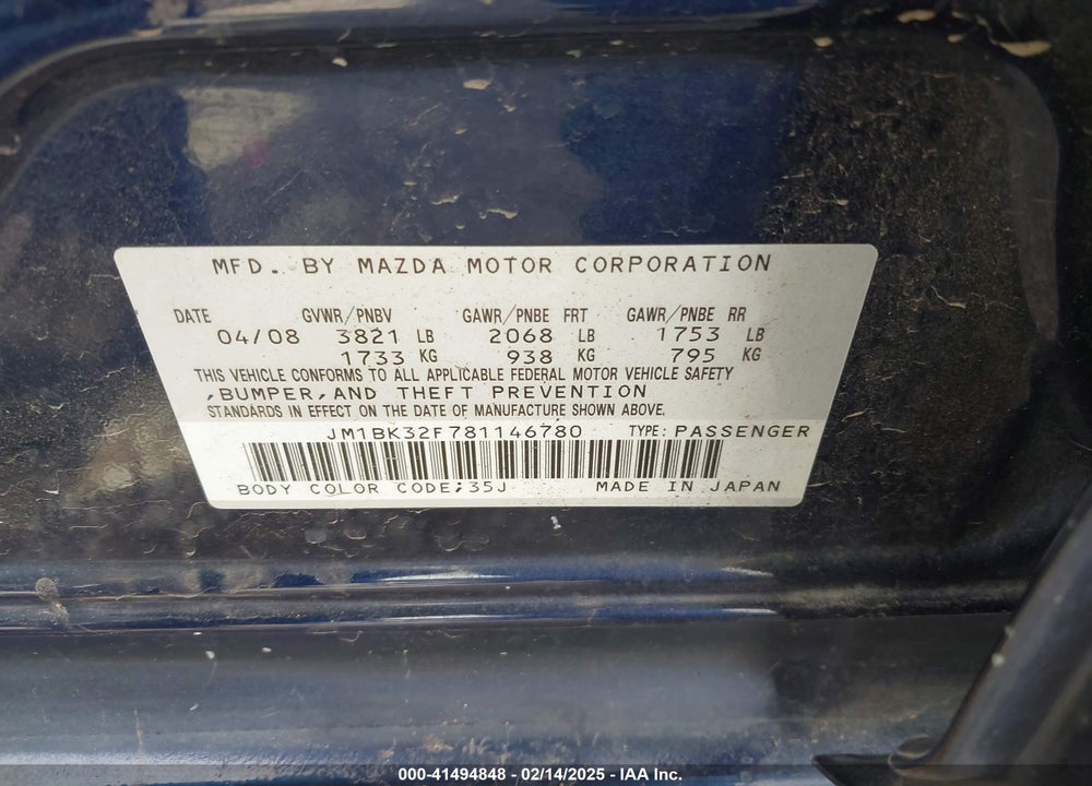 2008 MAZDA MAZDA3 VIN: JM1BK32F781146780