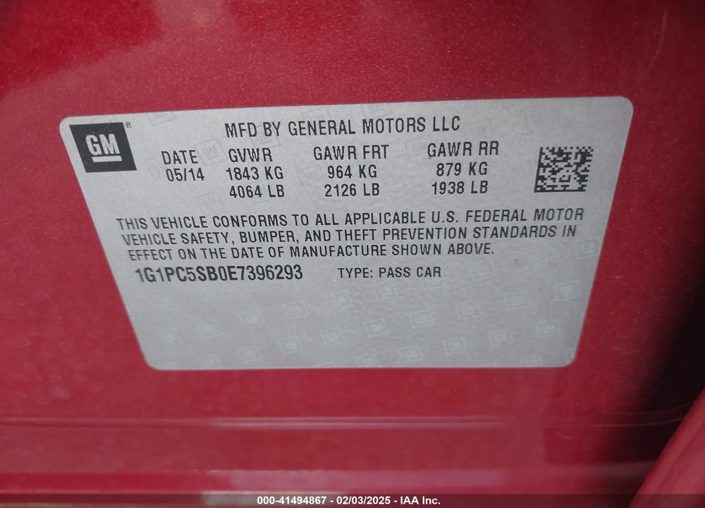 2014 CHEVROLET CRUZE VIN: 1G1PC5SB0E7396293