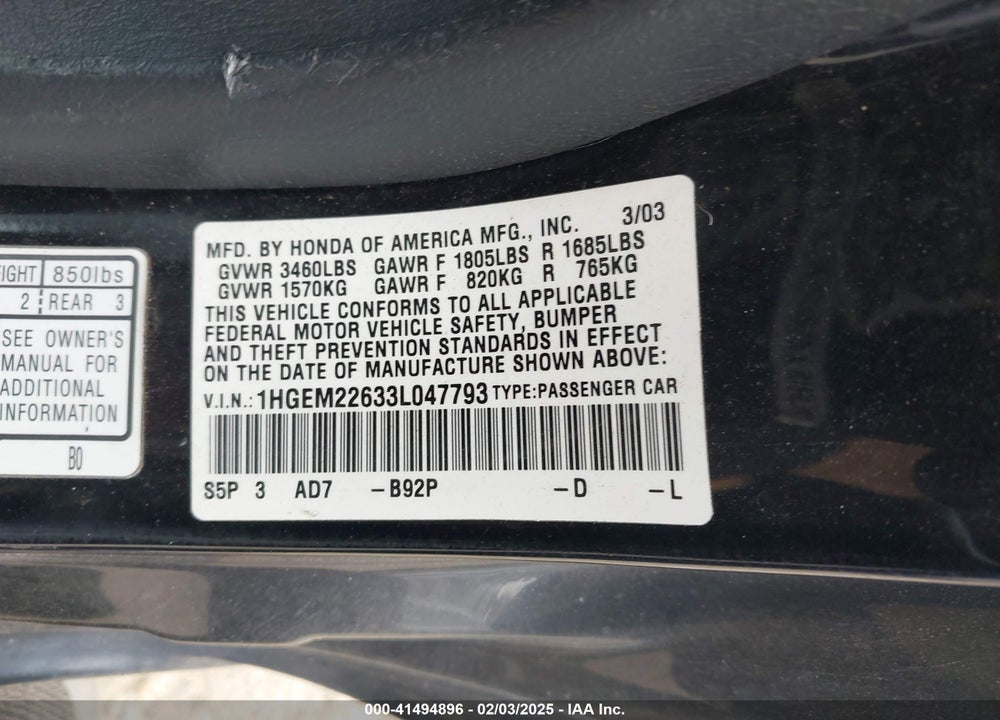 2003 HONDA CIVIC LX VIN: 1HGEM22633L047793