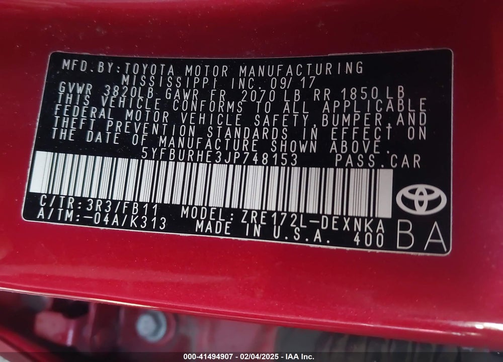 2018 TOYOTA COROLLA VIN: 5YFBURHE3JP748153