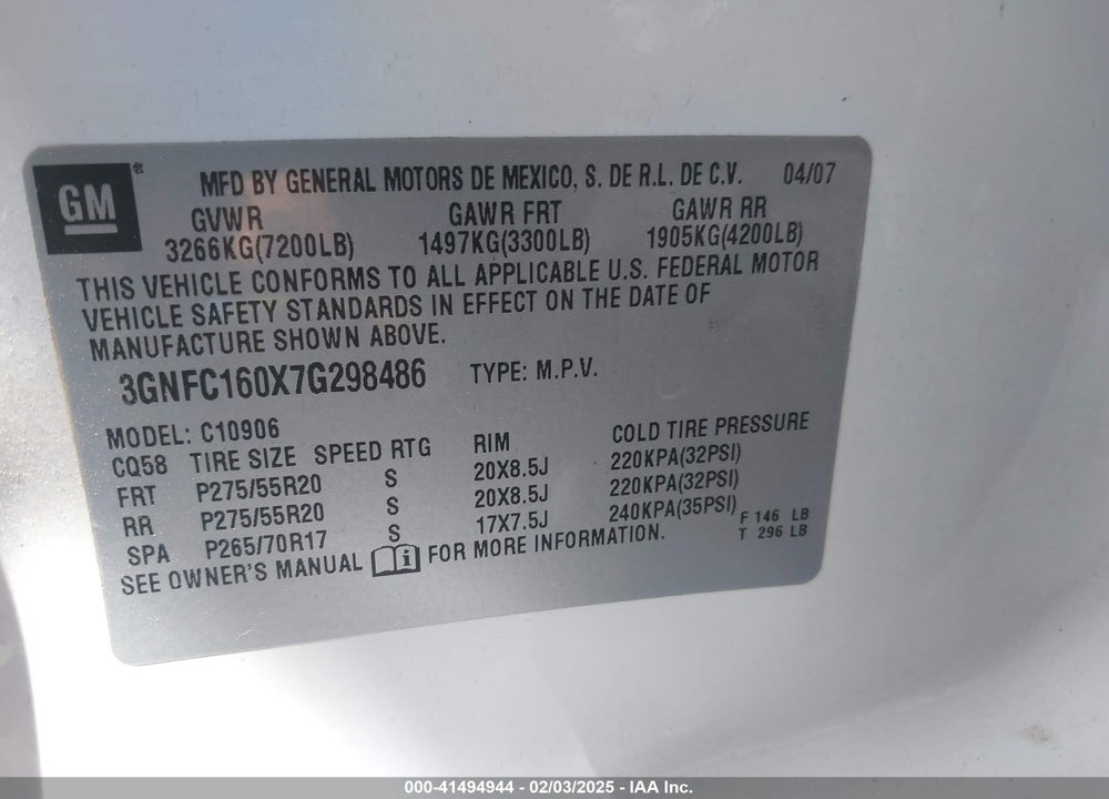 2007 CHEVROLET SUBURBAN 1500 LTZ VIN: 3GNFC160X7G298486