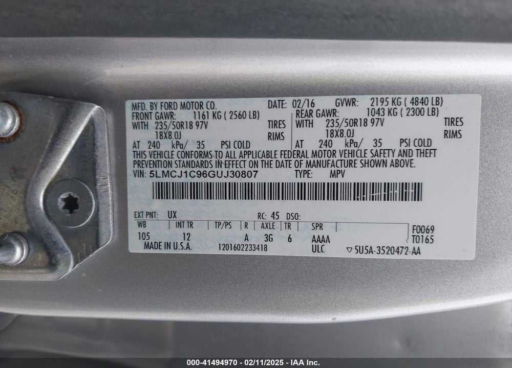 2016 LINCOLN MKC PREMIER VIN: 5LMCJ1C96GUJ30807