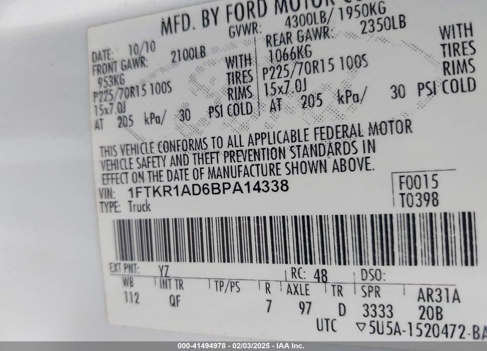 2011 FORD RANGER XL VIN: 1FTKR1AD6BPA14338