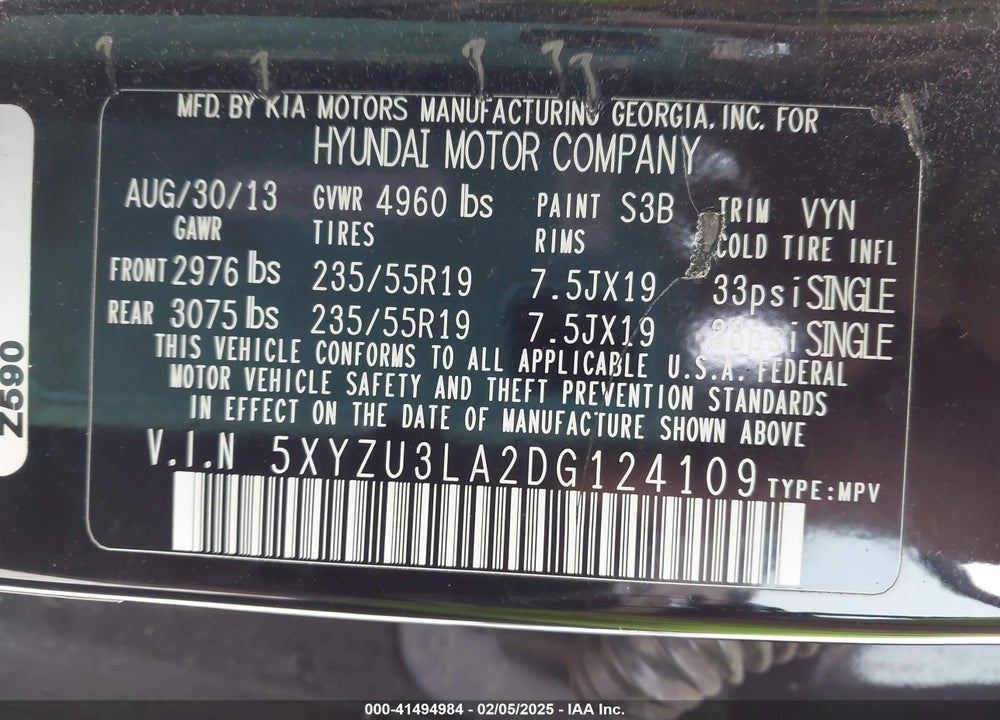 2013 HYUNDAI SANTA FE SPORT 2.0T VIN: 5XYZU3LA2DG124109