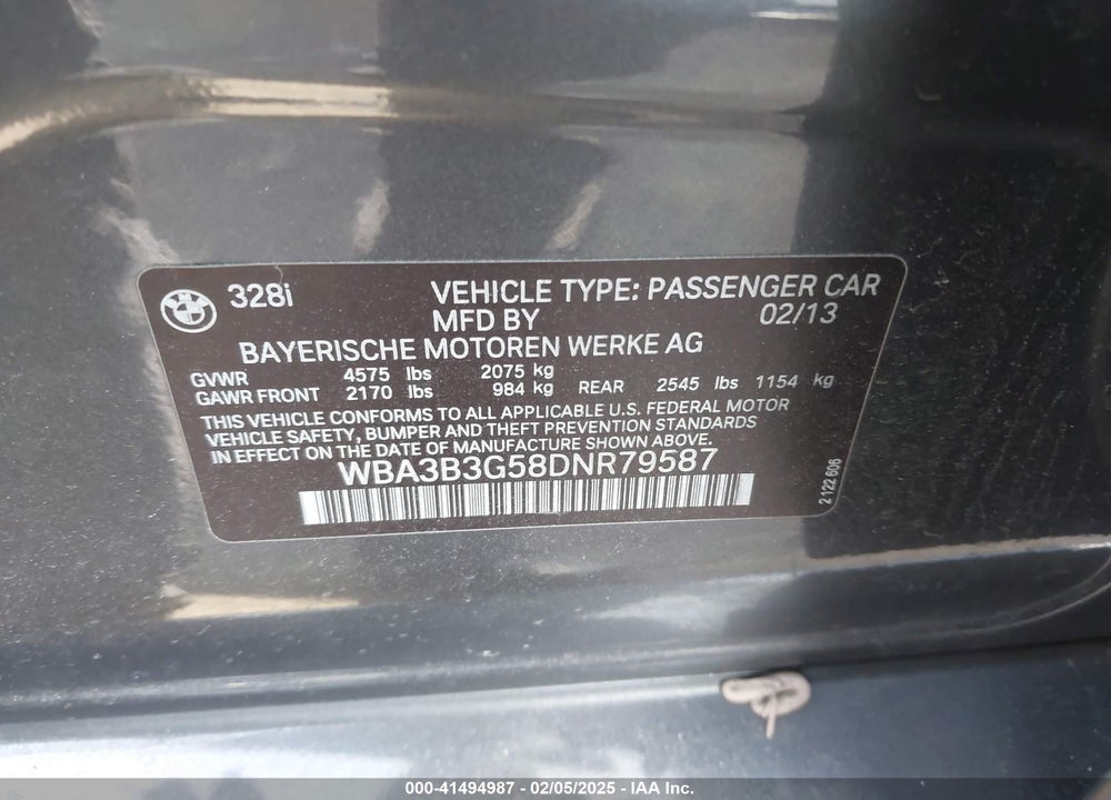 2013 BMW 328I VIN: WBA3B3G58DNR79587