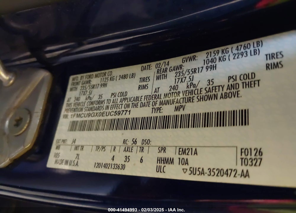 2014 FORD ESCAPE SE VIN: 1FMCU9GX0EUC59771