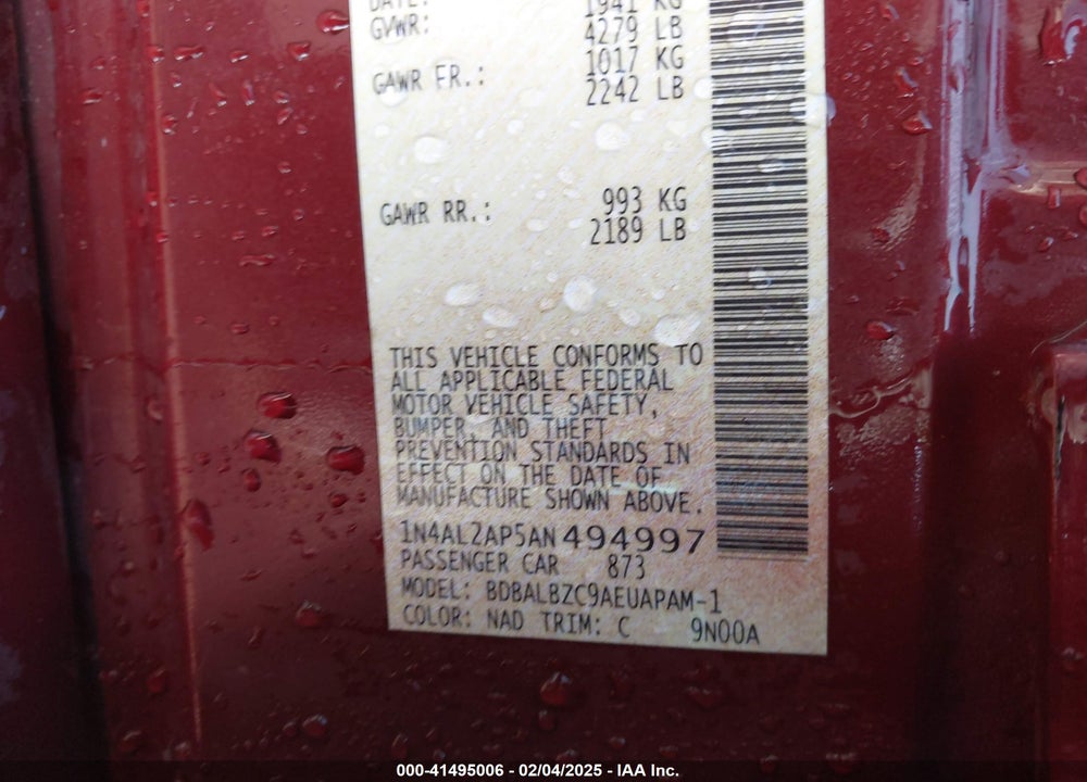 2010 NISSAN ALTIMA 2.5 S VIN: 1N4AL2AP5AN494997