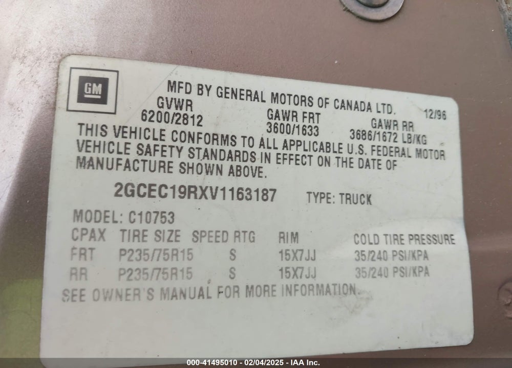 1997 CHEVROLET C1500 FLEETSIDE VIN: 2GCEC19RXV1163187