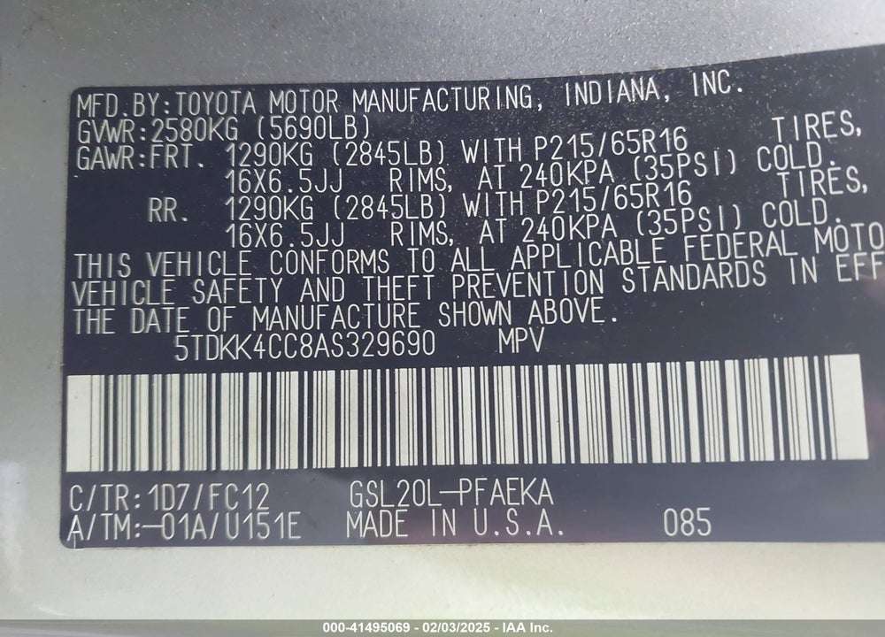 2010 TOYOTA SIENNA VIN: 5TDKK4CC8AS329690