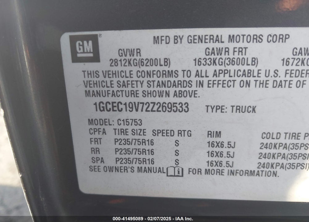 2002 CHEVROLET SILVERADO 1500 VIN: 1GCEC19V72Z269533