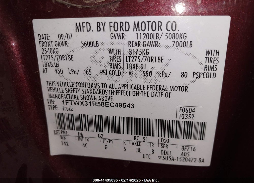 2008 FORD F-350 FX4/LARIAT/XL/XLT VIN: 1FTWX31R58EC49543