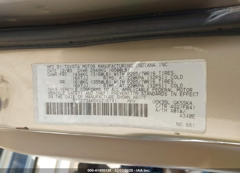 2004 TOYOTA SEQUOIA SR5 V8 VIN: 5TDZT34A54S216741