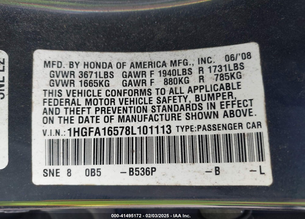 2008 HONDA CIVIC LX VIN: 1HGFA16578L101113