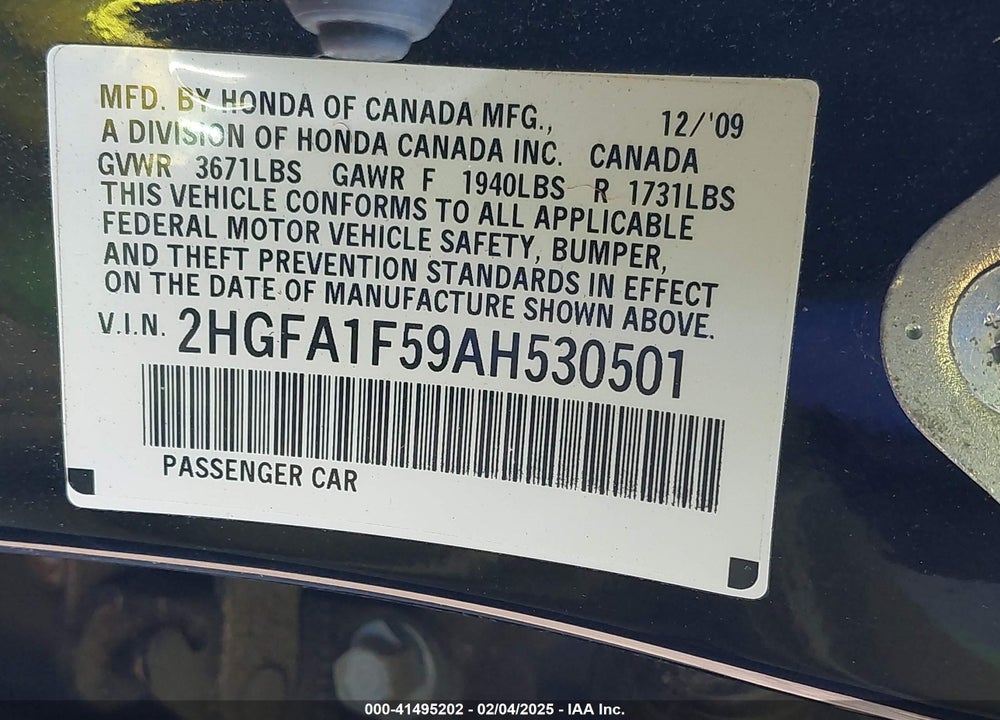 2010 HONDA CIVIC LX VIN: 2HGFA1F59AH530501
