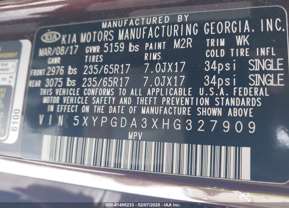 2017 KIA SORENTO 2.4L LX VIN: 5XYPGDA3XHG327909