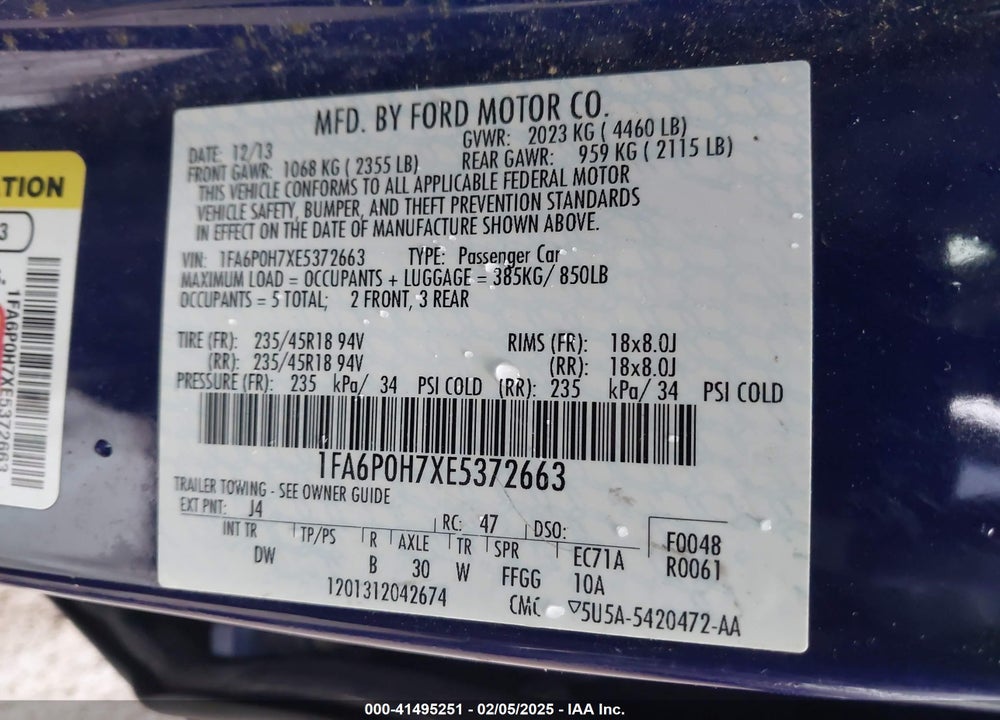 2014 FORD FUSION VIN: 1FA6P0H7XE5372663