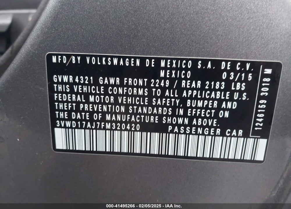 2015 VOLKSWAGEN JETTA VIN: 3VWD17AJ7FM320420