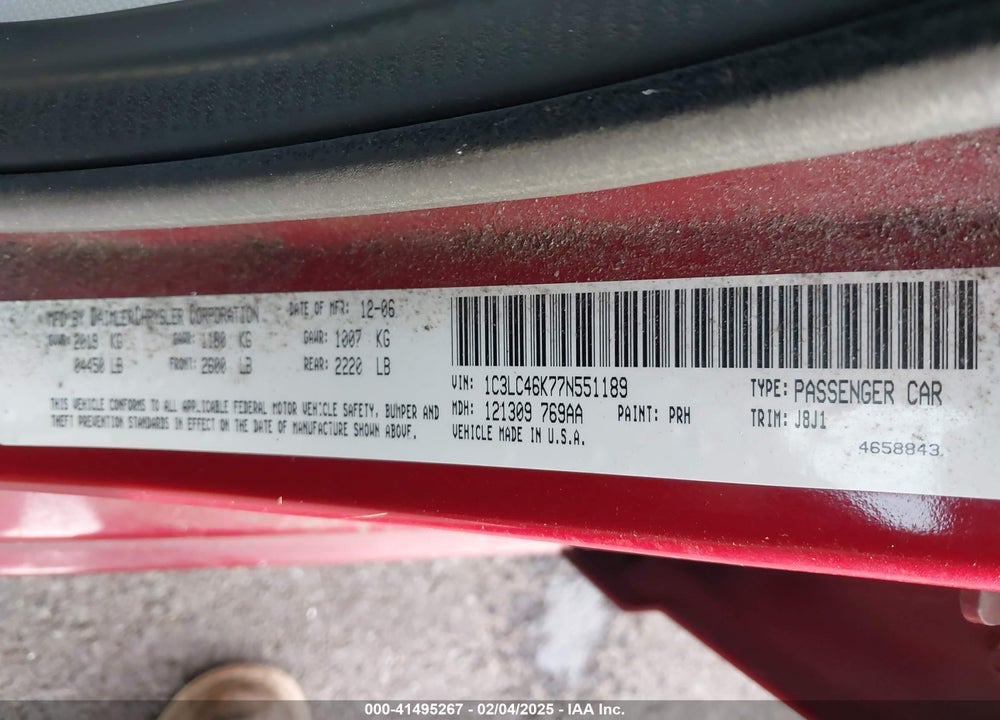 2007 CHRYSLER SEBRING VIN: 1C3LC46K77N551189