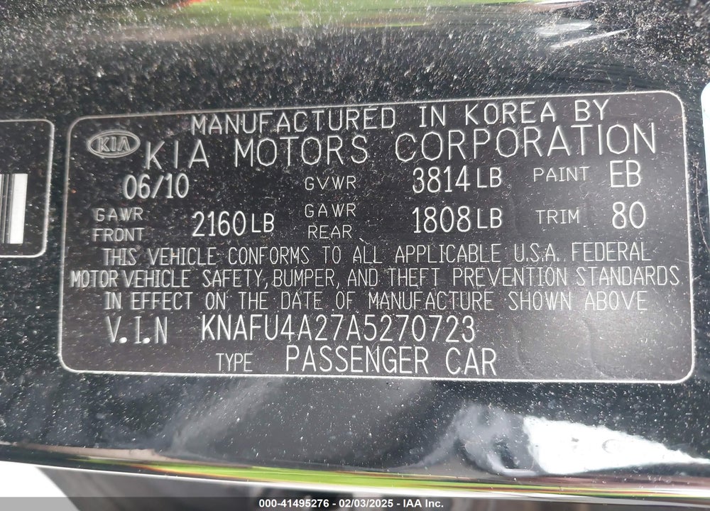 2010 KIA FORTE VIN: KNAFU4A27A5270723