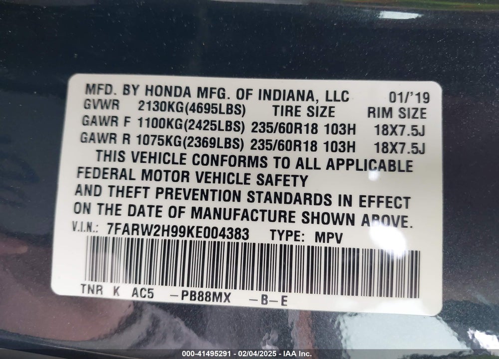 2019 HONDA CR-V TOURING VIN: 7FARW2H99KE004383