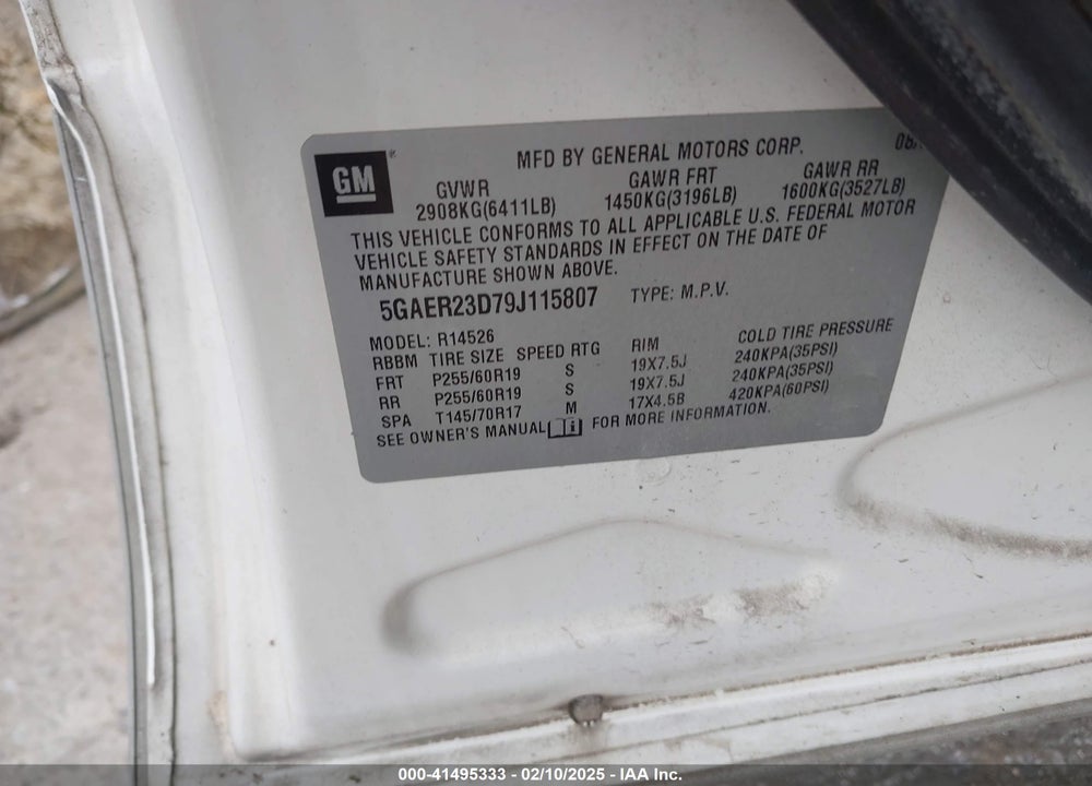 2009 BUICK ENCLAVE VIN: 5GAER23D79J115807