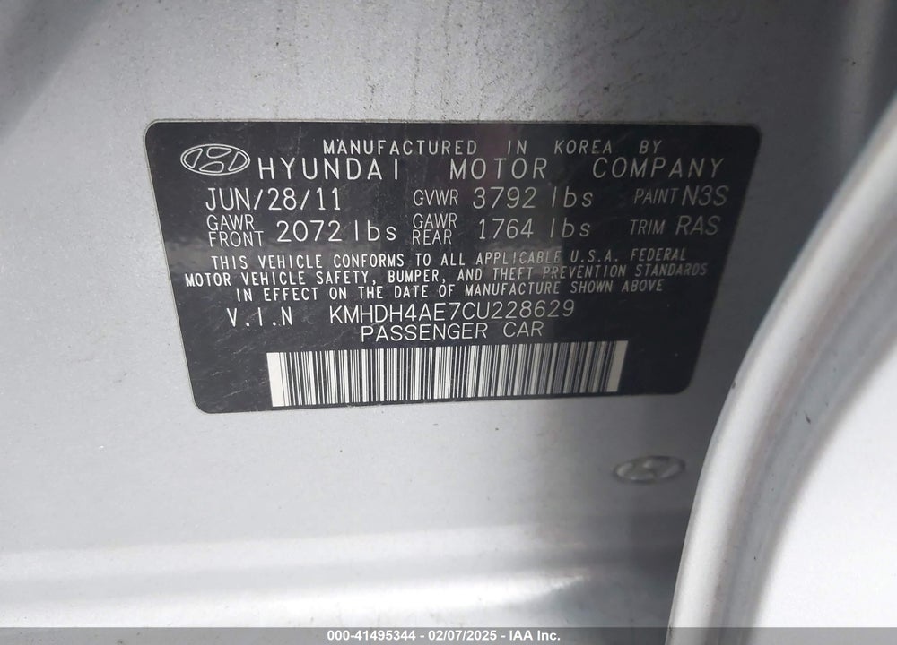 2012 HYUNDAI ELANTRA VIN: KMHDH4AE7CU228629