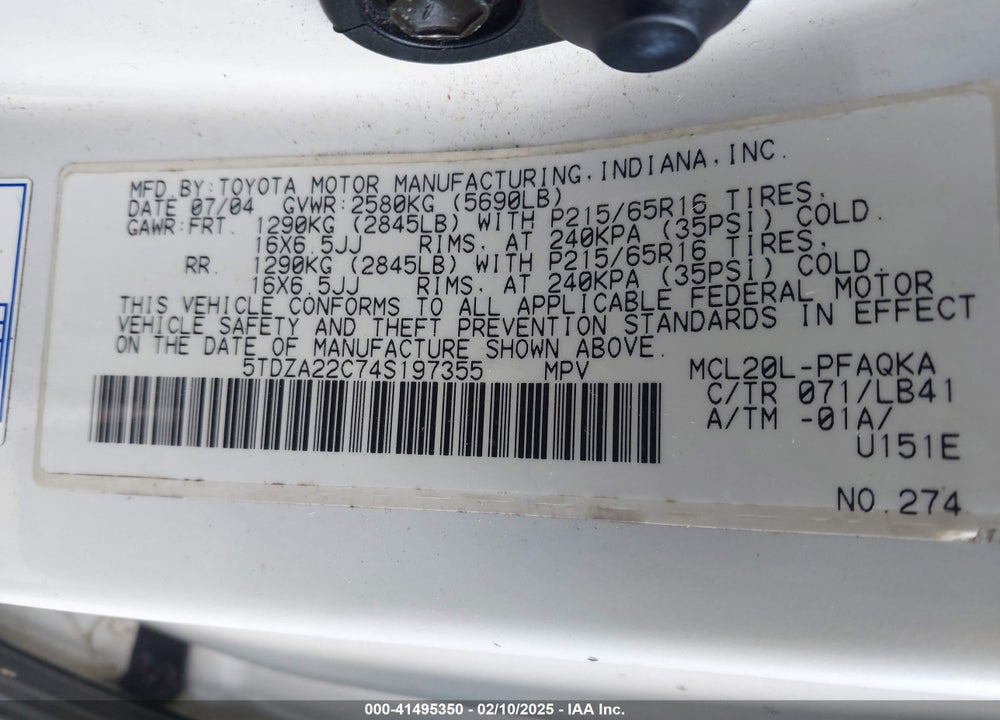 2004 TOYOTA SIENNA XLE VIN: 5TDZA22C74S197355