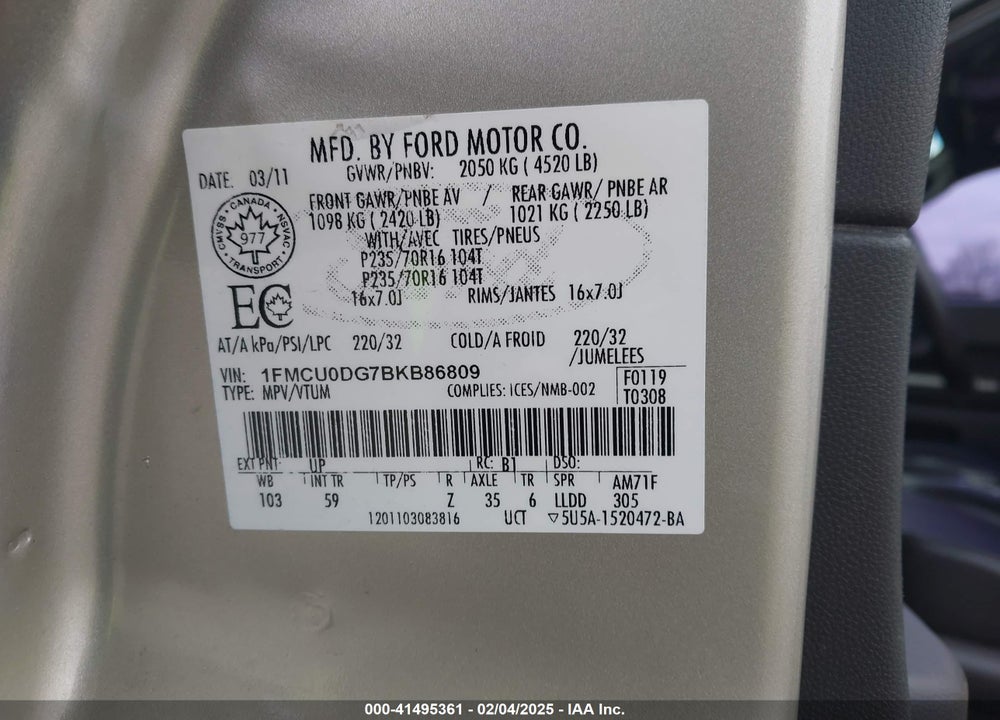 2011 FORD ESCAPE VIN: 1FMCU0DG7BKB86809
