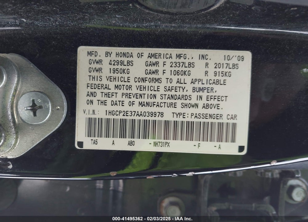 2010 HONDA ACCORD 2.4 LX VIN: 1HGCP2E37AA039978