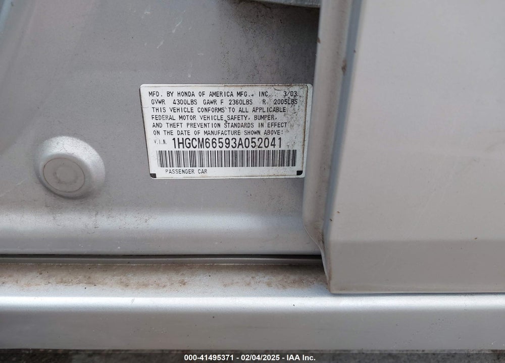 2003 HONDA ACCORD 3.0 EX VIN: 1HGCM66593A052041