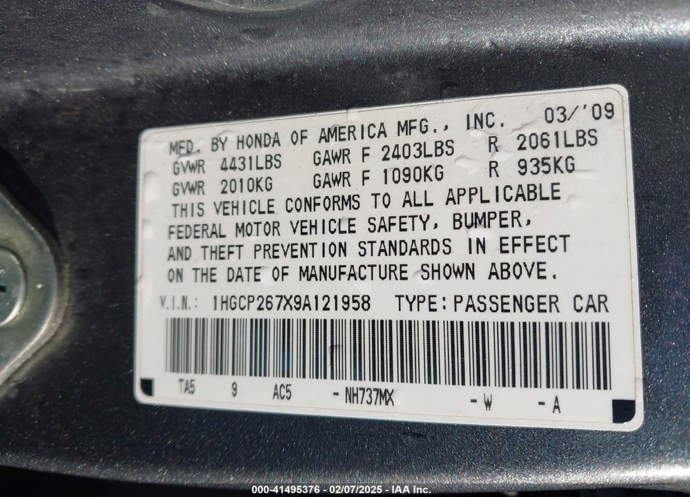 2009 HONDA ACCORD 2.4 EX VIN: 1HGCP267X9A121958